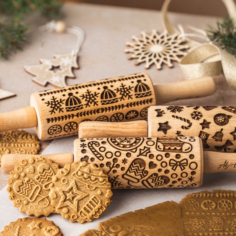 CHRISTMAS FUN 3 Kid Embossing Rolling pin SET. Christmas tree. Snowflake. Winter. Star. Gingerbread. Children Rolling Pin for cookies zdjęcie 1