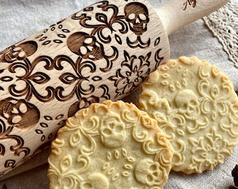SKULL WREATH Embossing Rolling Pin. Engraved Dough Roller for Embossed Cookies and Pottery by Algis Crafts **Halloween**
