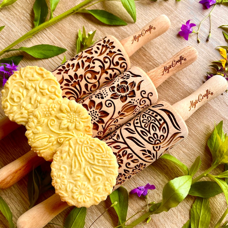 FLORET, 3 Kid Rolling Pin SET. Wooden Laser Cut Mini Rolling Pins for ...