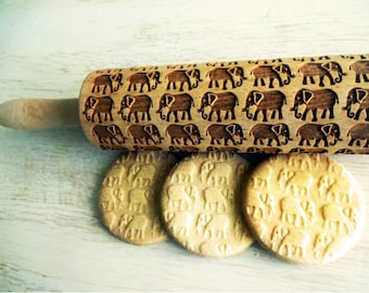 ELEPHANTS pattern Embossing Rolling Pin. Engraved rolling pin with ELEPHANTS for embossed cookies.