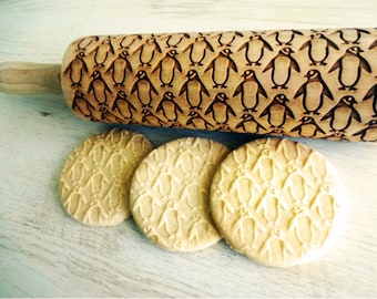 Penguins Embossing Rolling Pin, Cookie & Pottery Design. Sea Birds pattern. Birch Wood.