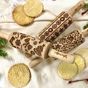 CHRISTMAS FUN 3 Kid Embossing Rolling pin SET. Christmas tree. Snowflake. Winter. Star. Gingerbread. Children Rolling Pin for cookies image 2