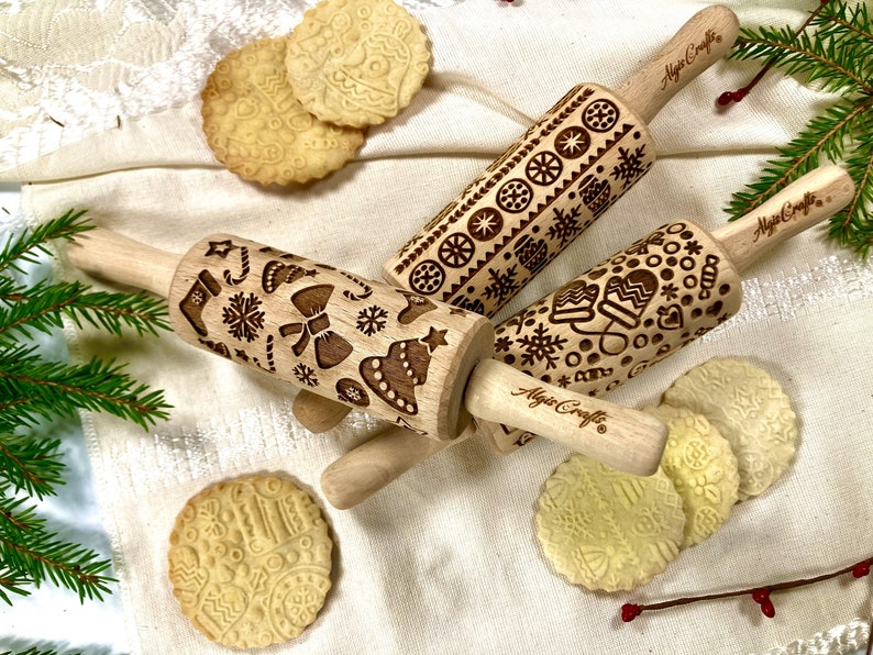 CHRISTMAS FUN 3 Kid Embossing Rolling pin SET. Christmas tree. Snowflake. Winter. Star. Gingerbread. Children Rolling Pin for cookies image 2