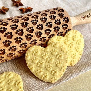 PAW HEART Embossed Rolling Pin for dog and cat lovers. Engraved roller with dog's cat's footprint in heart shape for embossed treats image 3