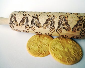 Zebra Embossing Rolling Pin, Engraved Beechwood Cookie Roller