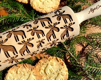 MOOSE pattern Rolling pin. Embossing rolling pin with deer. Christmas gingerbread cookies ** Christmas**