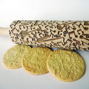 MUSIC INSTRUMENTS Embossing Rolling Pin. Engraved rolling pin for embossed cookies. Music fan gift. Lazer engraved patterned.