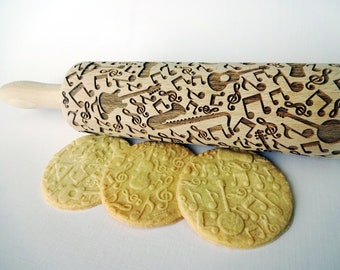 MUSIC INSTRUMENTS Embossing Rolling Pin. Engraved rolling pin for embossed cookies. Music fan gift. Lazer engraved patterned.