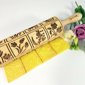 SPRING FLOWERS Embossed Rolling Pin with tulips daffodils primrose snowdrops dandelions hyacinths lilies orphans crocuses by Algis Crafts image 2