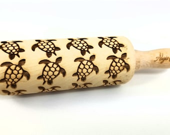 TURTLE kid size embossed rolling pin Laser engraved embossing rolling by Algis Crafts