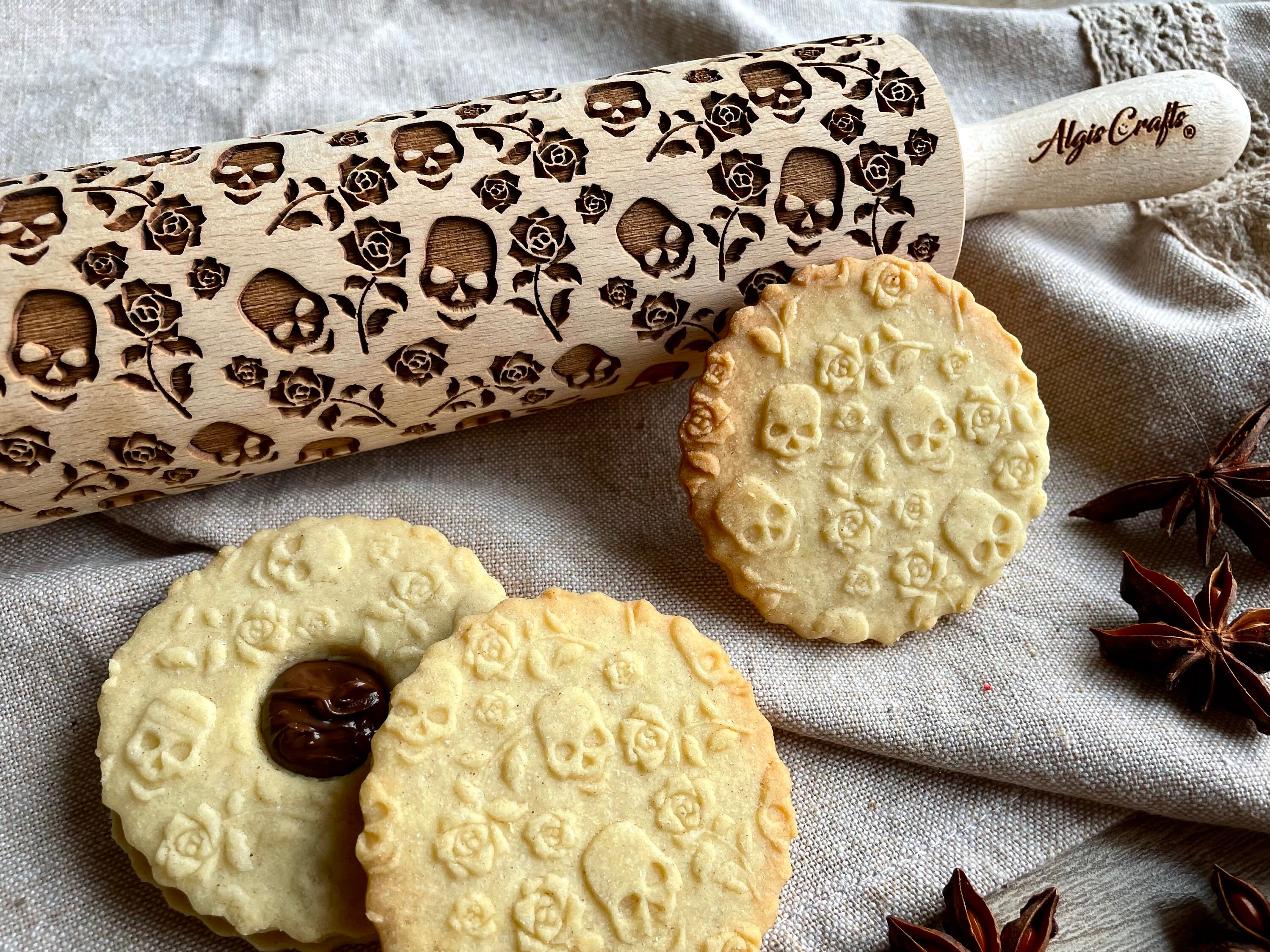SUGAR SKULL and ROSESEmbossing Rolling Pin. Engraved Dough Roller for Embossed Cookies and Pottery by Algis Crafts **Halloween**