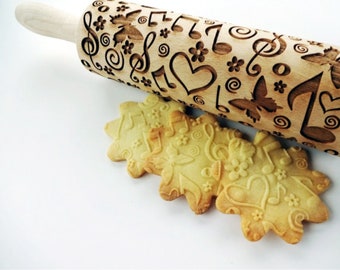 SUMMER TIME Embossing Rolling Pin. Engraved rolling pin with flowers and butterflies for embossed cookies. Unique gift with notes.