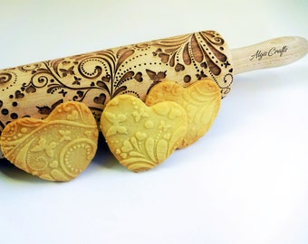 SPRING Embossing Rolling Pin. Flowers hearts and butterflies pattern. Engraved dough roller for embossed cookies and Pottery by Algis Crafts