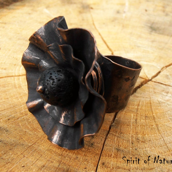 Rustic copper ring Hammered copper ring Autumn flower ring Wrapped ring Black lava jewelry Antiqued copper ring Rustic jewelry Copper flower