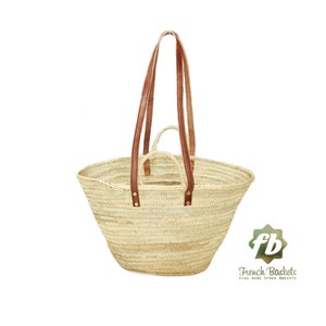 Strohsack französische Korbtasche Strandtasche - Naturkorb Doppelhenkel aus flachem Leder und Seil