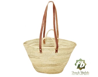 Straw Bag french basket bag beach bag - Natural basket Double handle flat leather and rope