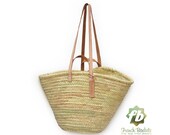 straw bag French Basket Moroccan Basket french market basket Beach Bag - french baskets Natural Basket Flat Leather clear Handle Double