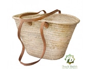 straw bag Handmade French Basket Moroccan Basket french market basket, Beach Bag - Natural Basket long Flat Leather Handle