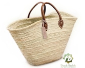 straw bag French Basket french market basket, Beach Bag Handmade Moroccan Basket - Natural French Basket Handle leather