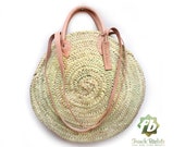 Round wicker basket Double leather handle, wicker basket, straw bag, French Baskets, Moroccan Basket, straw basket, Beach Bag