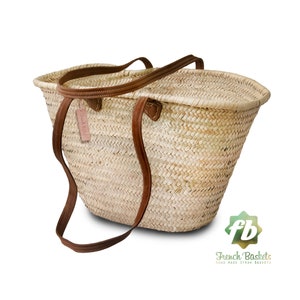 straw bag Handmade French Basket Moroccan Basket french market basket, Beach Bag - Natural Basket long Flat Leather Handle