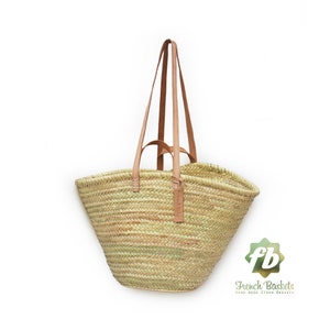 straw bag  French Basket  Moroccan Basket french market basket  Beach Bag - french baskets Natural Basket Flat Leather clear Handle Double