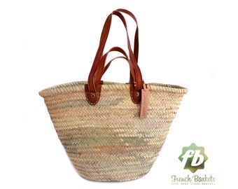 luxury straw bag French Basket, Moroccan Basket,  french market basket, Beach Bag - french baskets luxury Basket Flat Leather Handle Double