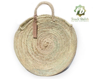 Round Straw Bag Handmade  natural Handles rote : Round basket Round French basket bag Summer Tote Round beach basket Straw Beach bag straw