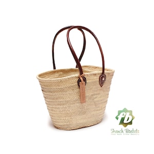 Straw bag French Basket Handle long size Medium leather french market basket, Beach Bag Handmade bag wovenbag Wholesale Moroccan Baskets image 1