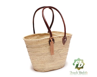 Straw bag French Basket Handle long - size Medium- leather french market basket, Beach Bag Handmade bag wovenbag Wholesale Moroccan Baskets