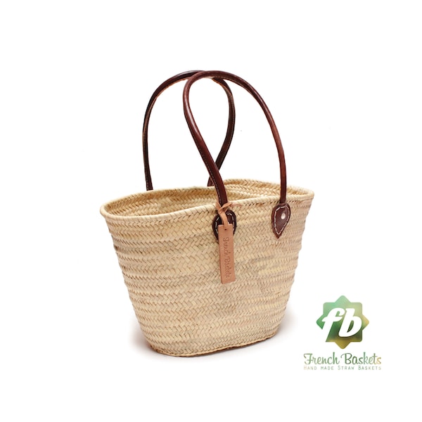 Straw bag French Basket Handle long - size Medium- leather french market basket, Beach Bag Handmade bag wovenbag Wholesale Moroccan Baskets