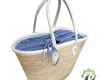 Picnic Basket Blue Gingham wicker basket straw bag French Baskets Moroccan Basket straw basket Beach Bag