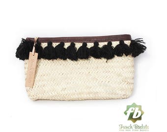 Pom Pom Straw Clutch French Baskets clutch bags Pom Pom necklace black : Moroccan Basket, straw bag, pom pom clutch straw purse, Beach Bag