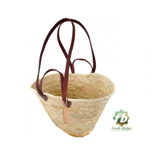 straw bag French Basket, Moroccan Basket,  french market basket, Beach Bag - french baskets Natural Basket Flat Leather Handle Double