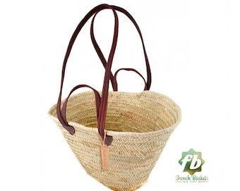 sac de paille, panier français, panier marocain, panier de marché français, sac de plage - paniers français Panier naturel plat avec poignée en cuir double