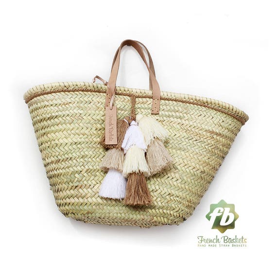 French Basket small wool pom pom sunlit : French Basket Moroccan Basket straw bag french market basket Beach Bag