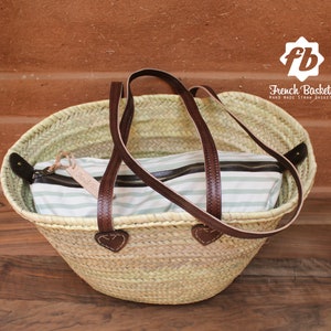 straw bag Handmade French Basket long Flat Leather Handle with Detachable Inside Pocket french market basket, Beach Bag