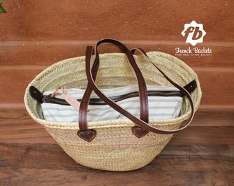 straw bag Handmade French Basket long Flat Leather Handle with Detachable Inside Pocket french market basket, Beach Bag