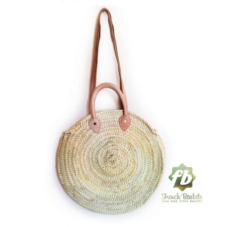 Round wicker basket Double leather handle, wicker basket, straw bag, French Baskets, Moroccan Basket, straw basket, Beach Bag image 2