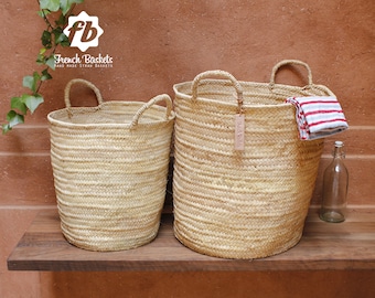 Set of 2 Handmade Brand Palm Leaf Large Round Storage Baskets - Handmade French Basket