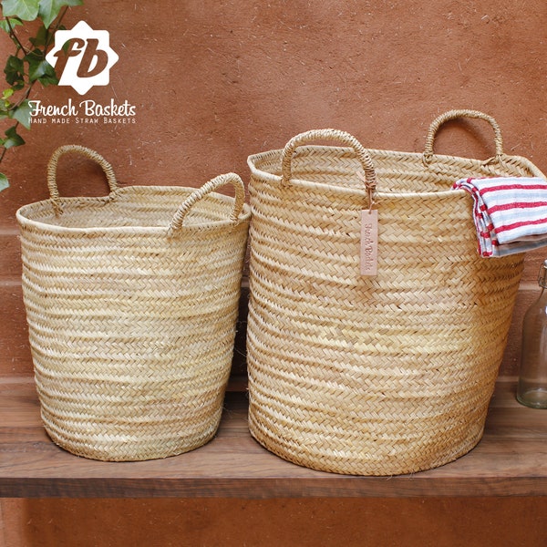 Set of 2 Handmade Brand Palm Leaf Large Round Storage Baskets - Handmade French Basket