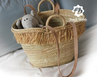 Straw bag fringe French basket natural, straw bag with flat handle leather and rope