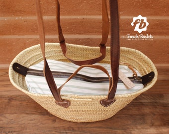 Handmade Straw Bag Flat Leather Handle double - French Basket with Detachable Inside Pocket, Beach Bag - french baskets Natural Basket