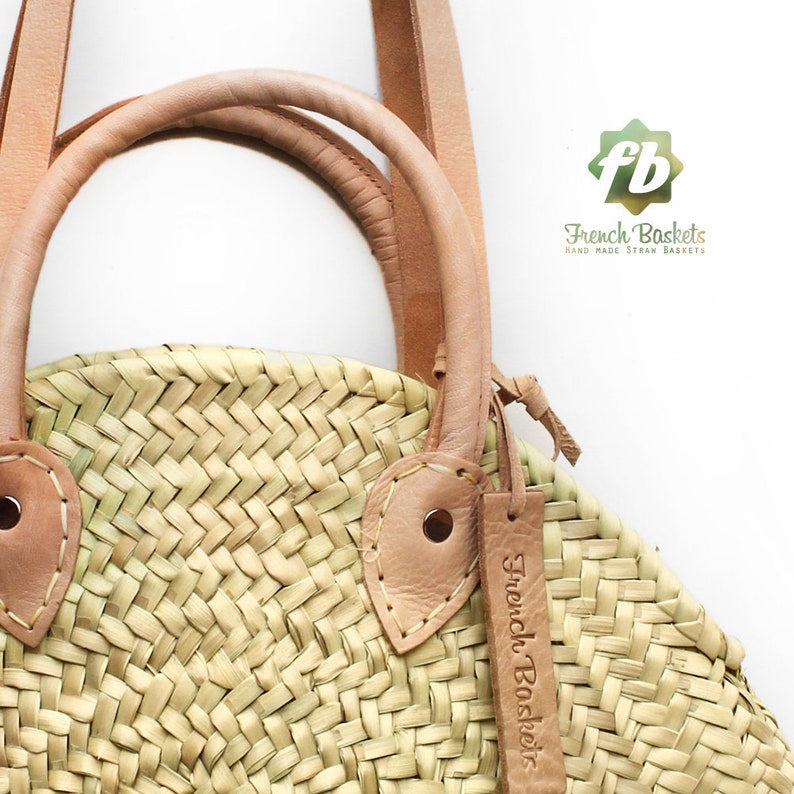 Round wicker basket Double leather handle, wicker basket, straw bag, French Baskets, Moroccan Basket, straw basket, Beach Bag image 4