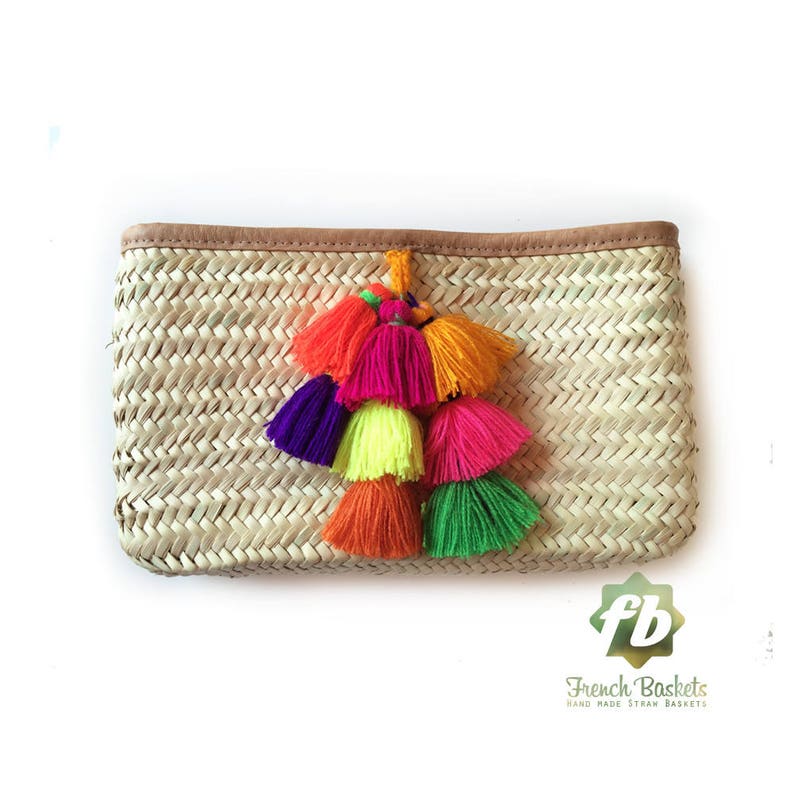 Pom Pom Straw Clutch French Baskets clutch bags Pom Pom necklace bell : Moroccan Basket, straw bag, pom pom clutch straw purse, Beach Bag 