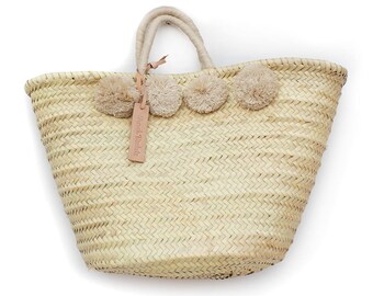 French Baskets wool 8 pom pom Sand : French Basket, Moroccan Basket, straw bag, french market basket, Beach Bag, straw bag