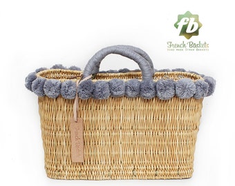 lovely Basket Oblong Small Pom Pom gray French Basket Moroccan Basket straw bag french market basket Beach Bag straw bag