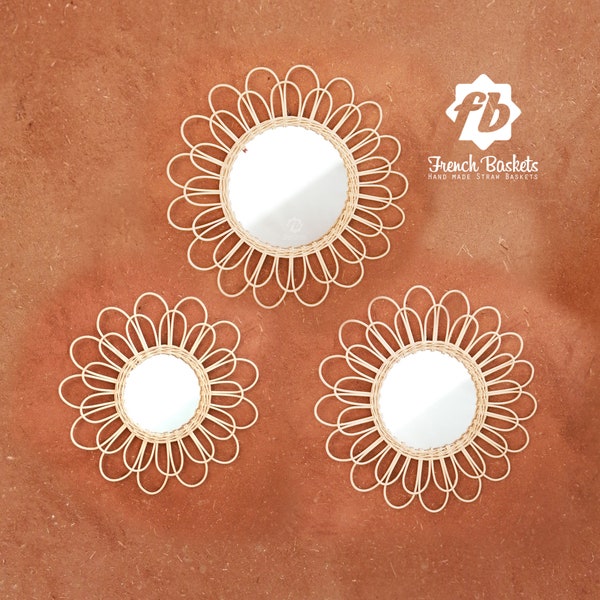 Rattan Daisy Flower Mirror size Small, Medium, Large,  Dressing Mirror Decoration Makeup Mirrors Bathroom for home Boho Rattan Wall Decor