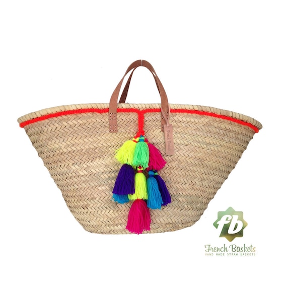 French Basket small wool pom pom sunlit : French Basket Moroccan Basket straw bag french market basket Beach Bag
