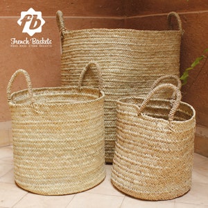 Set of 3 Palm Leaf Large round Storage Home decor baskets  - Handmade French Baskets